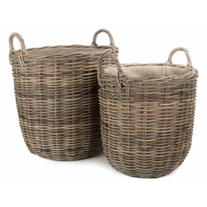 Hessian Lined Tall Round Fireside Grey Rattan Log Basket