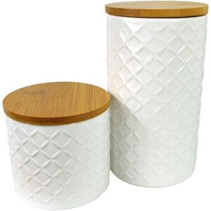 Set of Two Ceramic Jars Embossed Cream Canisters with Lids