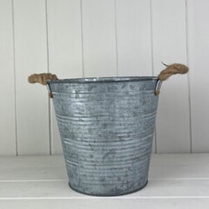 Grey Textured Ribbed Zinc Bucket with Hessian Ears - Grey