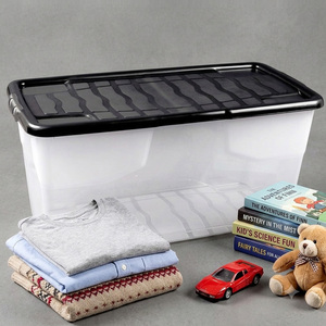 2 x 42L Curved Plastic Storage Box with Black Lid Heavy-Duty & Stackable - Clear