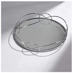 Mirrored Tray Crafted With Glass And Metal Decorative Round - SILVER