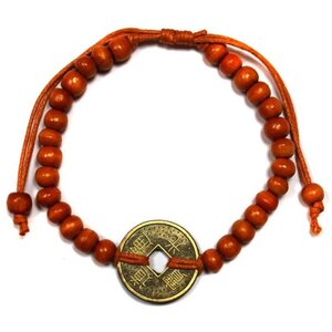 Good Luck Feng Shui Bracelets with Coins  Wood Beads for Prosperity - Orange