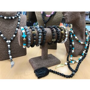 Lava Stone  Gold Crown Unisex Boho Gemstone Bracelet - Grey