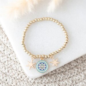 All Seeing Eye Beaded Charm Bracelet - Mystical Gold Tone Jewelry - Blue